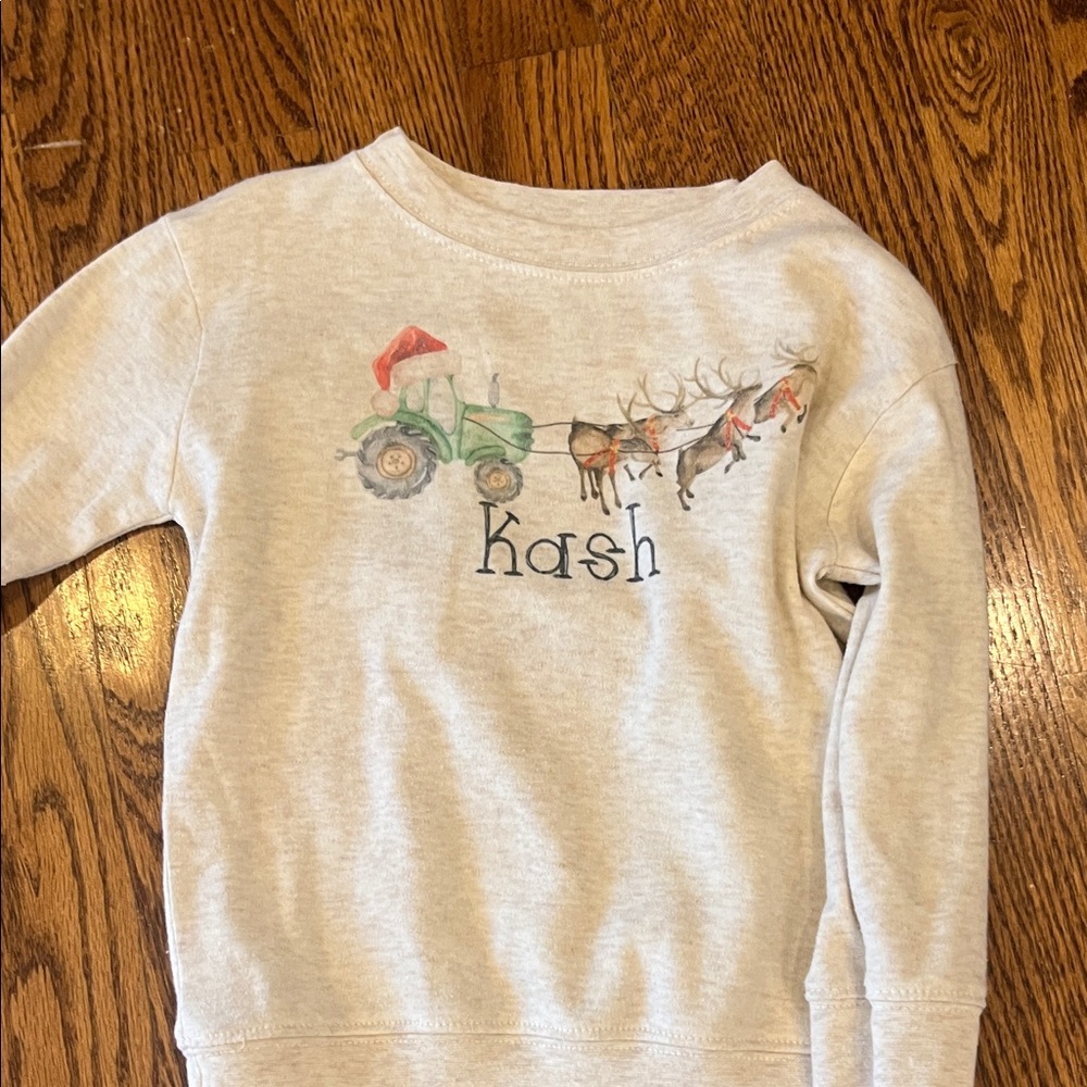 Kids Cream Christmas Tractor & Reindeer Sweatshirt - Personalized with Kash